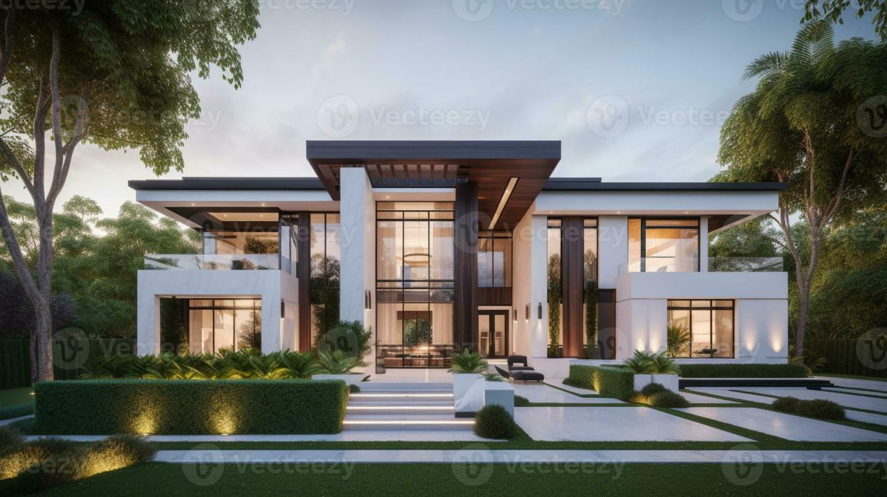 AI Generative Exterior of modern luxury house with garden and beautiful ... AI Generative Exterior of modern luxury house with garden and beautiful ...